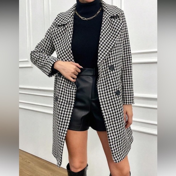 Houndstooth Tweed Double Breast Button Trench - Picture 4 of 5